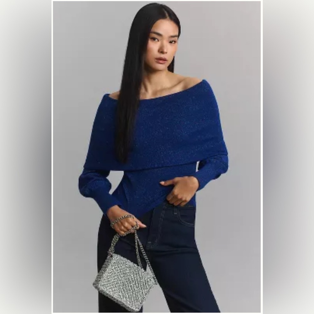 NWT By Anthropologie Sensual Off the Shoulder Vibrant Blue Shimmer Sweater small